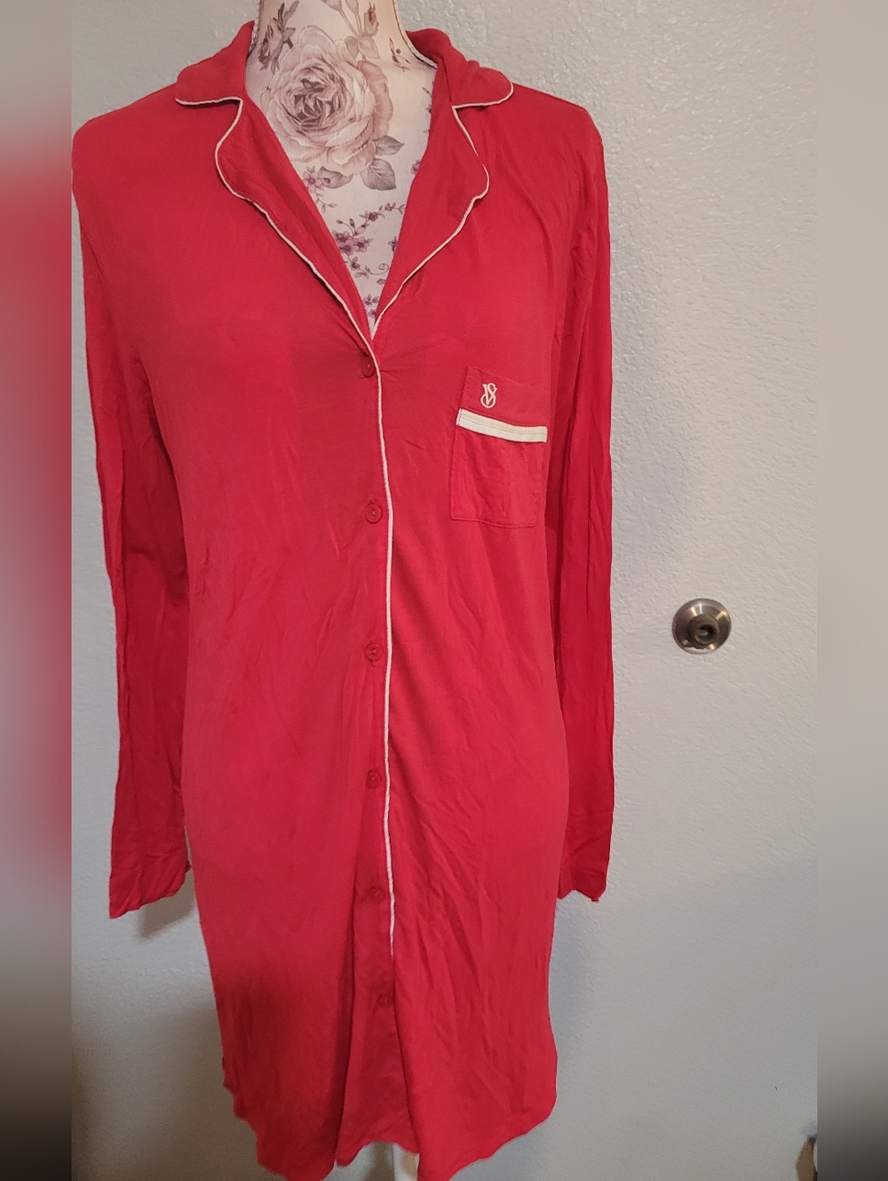 Victoria's Secret Red Long Button-Up Chemise with White Trim
